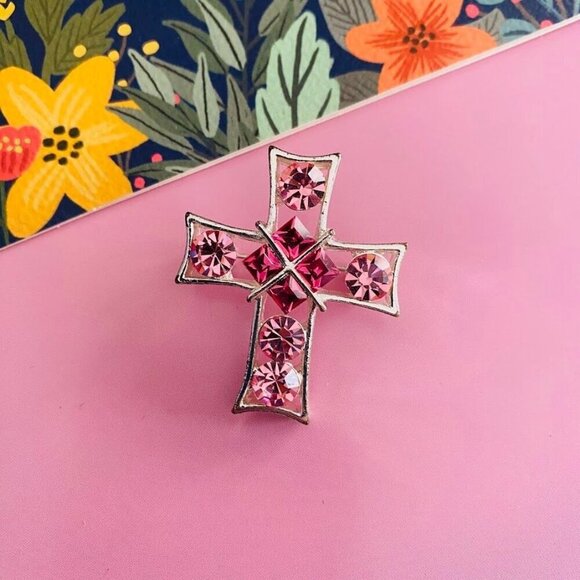 Pink Australian Crystal Cross Brooch Pin - Breast Cancere Awareness - Picture 1 of 2